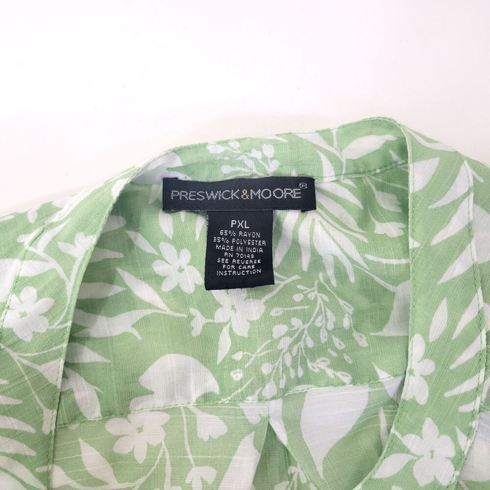 Preswick & Moore Womens Green & White Floral Button-Up Blouse XL Roll-Up Sleeves - Picture 3 of 4